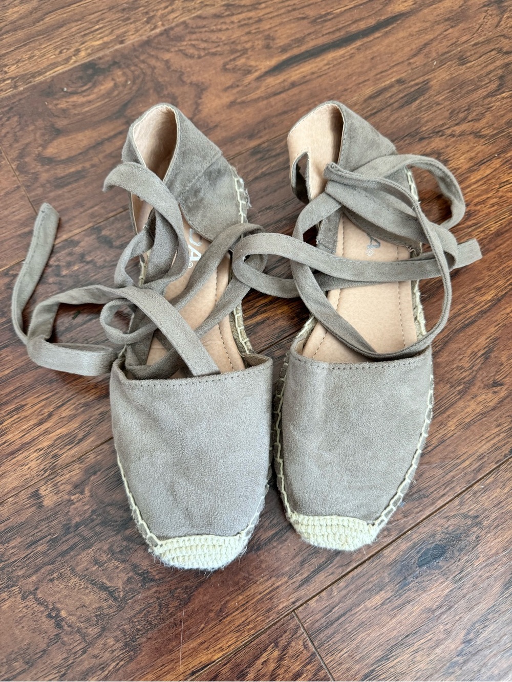 Suede Espadrille Lace-Up Flats in Taupe